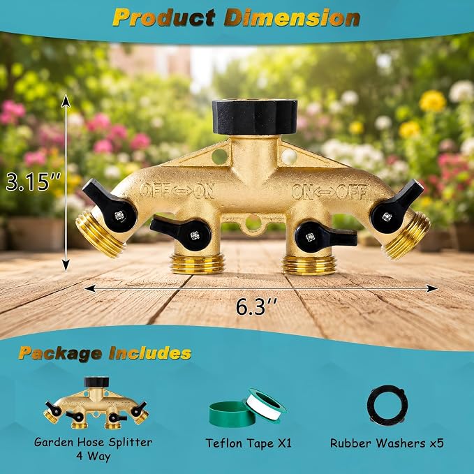 Dalmbox Garden Hose Splitter 4 Way, Water Hose Splitter, 3/4" Heavy-Duty Brass Garden Hose Splitter, Includes 9 Rubber Washers & Teflon Tape(2 pack)