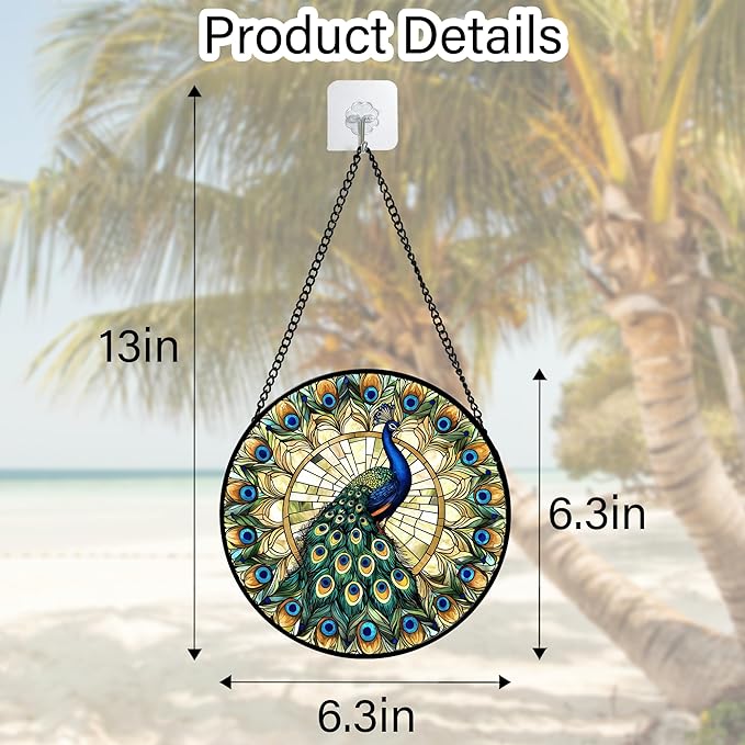 DASTOLL Stained Glass Window Hanging - Retro Peacock Decoration Suncatcher for Door Garden Home Bird Feather Sun Catchers Christmas Mother's Day Birthday Gifts for Women Men Mom Nana Friend 6.3 in