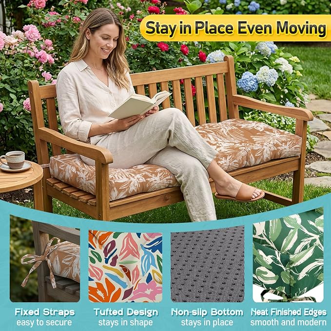 Outdoor Bench Cushion, Tufted Patio Seat Pad for Garden Bench, Porch Swing, Indoor/Outoor Furniture (Brown White Leaf, 48X18X4 inch)