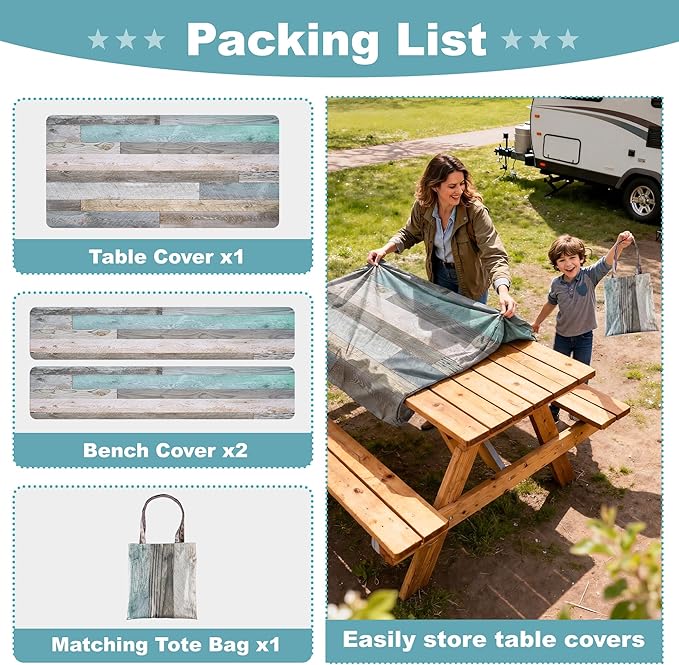 Picnic Table Cover with Bench Covers 6FT Farmhouse Waterproof Windproof Fitted Outdoor Wood Tablecloth with Elastic Rectangle Table Cloth Camping Essentials (Green)