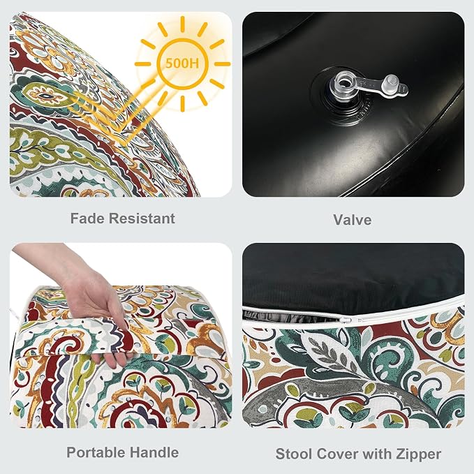 LVTXIII Inflatable Stool Ottoman Footrest with Handle, Decorative Fade-Resistant Foot Stool, Indoor or Outdoor Pouf for Home Garden and Camping Use, D21 x W 21 x H9, Paisley Chilli