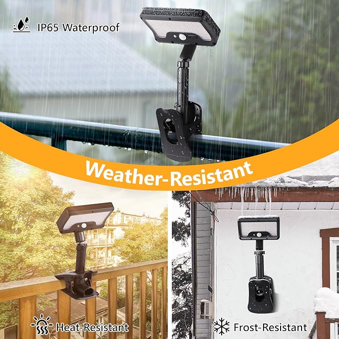 Clip On Solar Lights Outdoor with Motion Sensor, 360°Rotatable & Vertically Adjustable Solar Fence Lights with 92 LEDs (600 LM, 6000 K),IP65 waterproof Security light for deck, Gutter, Camping(4 Pack)