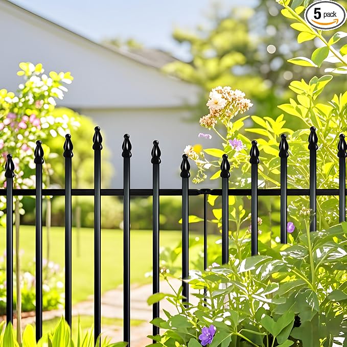 Thealyn Metal Garden Fence Panels 32" H x 24" W (5 Panels, 10 Ft Total) No Digging Decorative Garden Border Fence, Rust-Resistant Black Landscape Edging for Flower Beds, Yard, Patio