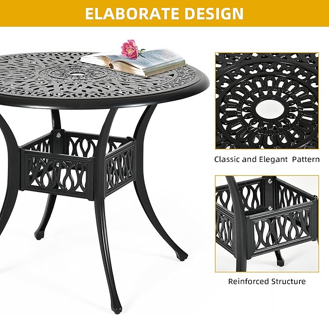 DWVO 35 Inch Outdoor Dining Table Cast Aluminum, Patio Round Bistro Table with Umbrella Hole for Backyard, Garden, Patio, Porch, Black