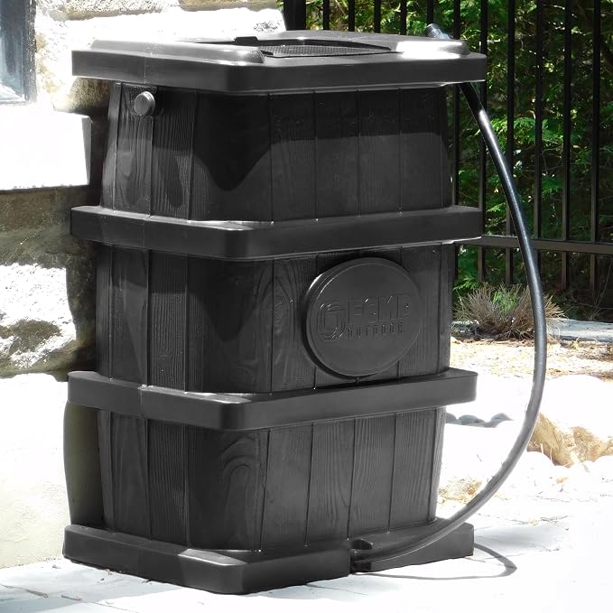 FCMP Outdoor Slim Line Design 45-Gallon Wood Grain Outdoor Home Rain Water Catcher Barrel Flat Back Container with Spigots and Mesh Screen, Black