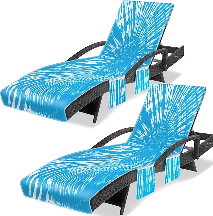 Lounge Chair Towel Cover (Pack of 2), Tie Dye Style Chaise Lounge Cover, Beach Chair Covers with Pockets for Pool Beach Garden Courtyard Outdoor Trips, 85 x30 in, Sky Blue