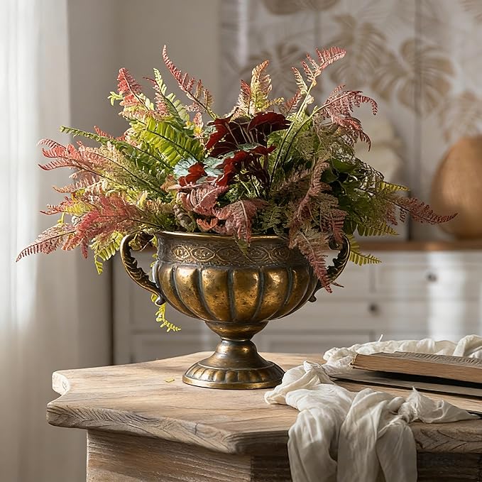 Vintage Urn Planter with Embossed Pattern, Decorative Flower Pot, Classic Round Plant Pot, European Shabby Chic Centerpiece for Mantel, Table, Entryway or Living Room Decor- Gold（13.6 * 11.9 * 8.5 in）