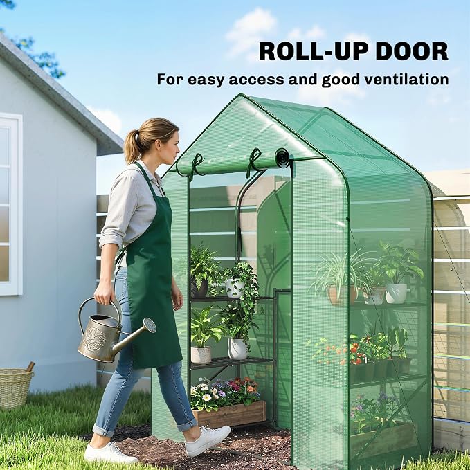 Outsunny 4.7' x 2.3' x 6.2' Small Greenhouse for Outdoors, 3 Tiers 6 Shelves, Portable Greenhouse with UV-Resistant PE Cover, Walk-in Green House with Roll-Up Door, Green