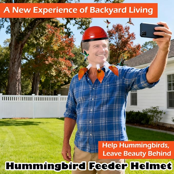 Hummingbird Feeder Helmet - 2025 Upgraded Wearable Mask with Anti-Fog Lens & Bionic Orange Flower, Adjustable for Adults Teens Lightweight PVC