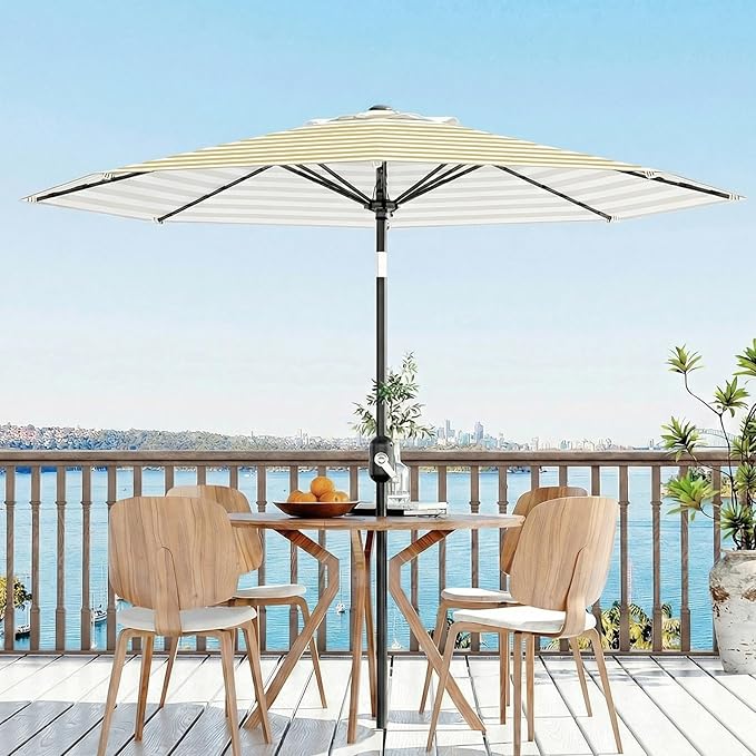 Garvee 9FT Outdoor Patio Umbrella 8 Sturdy Ribs Outdoor Table Umbrella with Crank Lift & Push Button Tilt - UV Protection Waterproof Market Umbrellas for Pool Deck Yard Garden, Tan & White Stripes