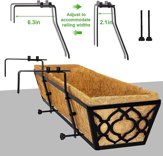 Y&M Deck Railing Planter Boxes, Adjustable Balcony Planter for Outdoor Plants, Metal Railing Planter Box for Deck, Fence and Porch, Window Boxes Outdoor, Sturdy Hanging Planter-24inch 2pcs