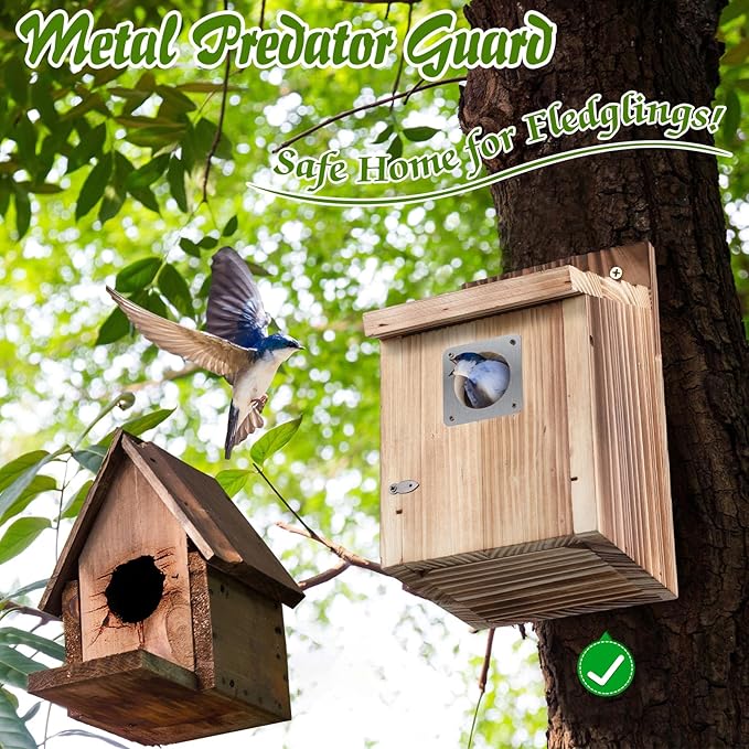 Dreyoo 8 Pack Bluebird Houses for Outside with Metal Predator Guard, 1-1/2" Entrance Hole Wooden Blue Bird Houses for Outdoors, Bluebird Nesting Box with Screwdriver (Burnt Wood Color)