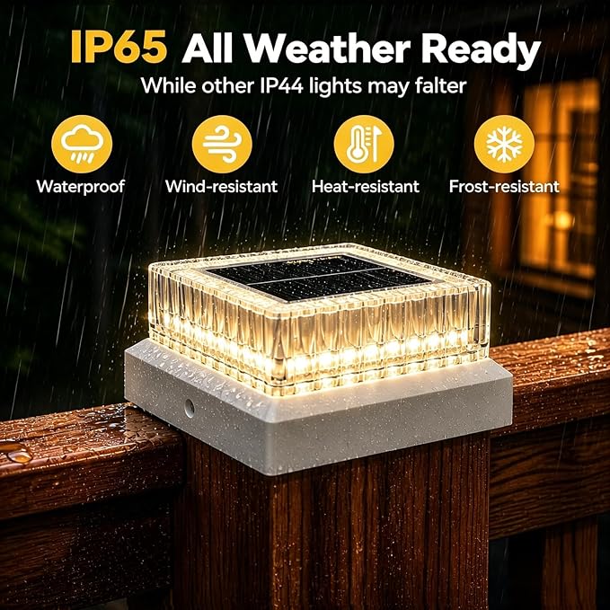 Solar Post Cap Lights Outdoor, 2 Pack Waterproof Fence Post Solar Lights 3000K with Fade-Proof Clear Lampshade Deck Post Lights Fit for 3x3 4x4 5x5 Vinyl/Wood Posts Garden Patio Porch