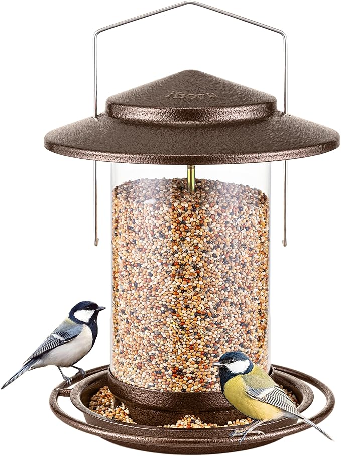 iBorn Bird Feeder for Outside Hanging,Bird Seed for Outside Wild Bird Feeders for Garden Yard Outdoor Decoration,Round Roof Design Coffee