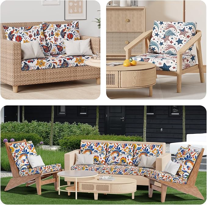 8Pcs Patio Stretch Cushion Covers, Outdoor Couch & Sofa Replacement Slipcovers for Patio Furniture Cushion Covers, Washable Reusable Furniture Protector, Square Large, Painting
