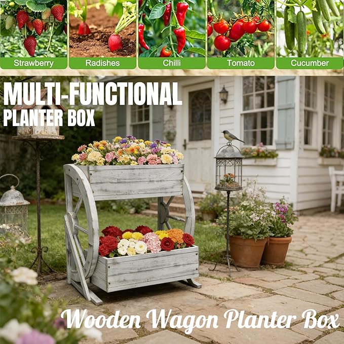 2 Tier Medium Wooden Wagon Planter Box|Outdoor Planter/Flower Pot for Indoor&Outdoor Plants-Rustic Garden Planter for Patio,Porch&Garden Decor-Raised Garden Bed for Succulents,Herbs,Vegetables