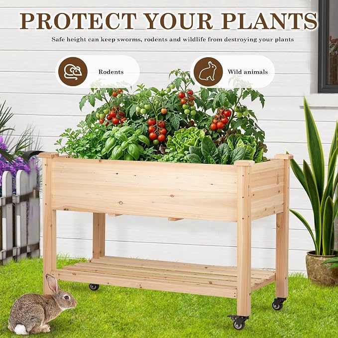 Raised Garden Bed with Lockable Wheels, 48x24x32 inch Elevated Wood Planter with Storage Shelf Protective Liner for Vegetable Flower Herb Outdoor Balcony Patio Backyard, Natural