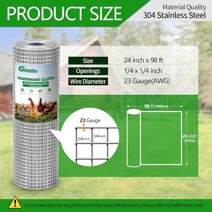 304 Stainless Steel Hardware Cloth 1/4" Large Size 23 GA 24in×98ft Roll | stainless hardware cloth 304 rust resistant heavy duty easy to cut
