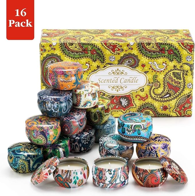Set of 16 Small Scented Candles Soy Wax Aromatherapy Candles 2.5 OZ Portable Tin Candles with Lid, Relaxation Gifts Basket for Mother, Women, Friends and Coworkers