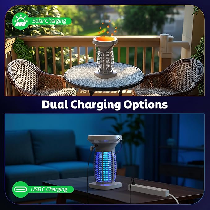 OnBeam Solar Bug Zapper Outdoor, Mosquito Zapper Outdoor Waterproof Electric Fly Zapper Rechargeable Mosquito Killer with Solar Panel, 4200V Fly Trap Indoor for Home Backyard, Patio, Garden, Camping