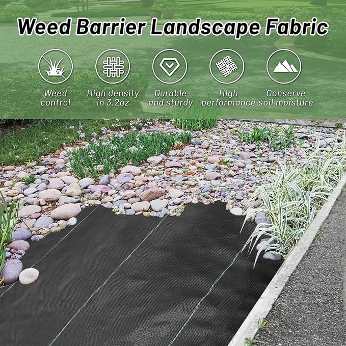 4FT x 100FT Weed Barrier Landscape Fabric，3.2oz Premium Heavy Duty Woven Cloth for Ground Cover Geotextile Fabric for Gardening, Farming with 20 U-Shaped Securing Pegs