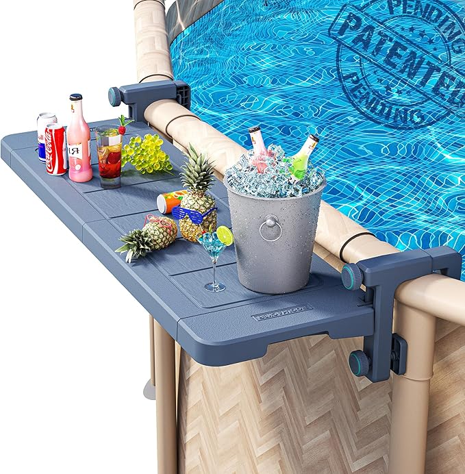 POOLHACKER Poolside Bar, [Original] Swim Up Bar Exclusively for Above-Ground Round Pools. Patio Poolside Table Smart Fold Easy Maintenance, Weather Resistant Stable Tabletop (Phantom Gray)