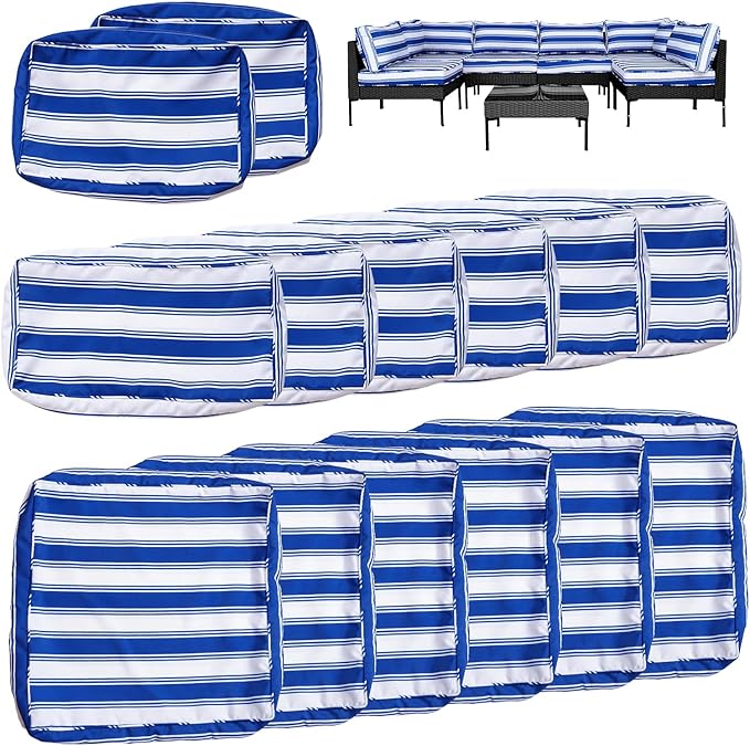 14Pcs Outdoor Cushion Covers Replacement Washable Waterproof UV w/Zipper for 6-Seaters Sofa Patio Slipcovers Set Seat and Back Covers Only (Deepblue Stripe, 23.6x23.6inch)