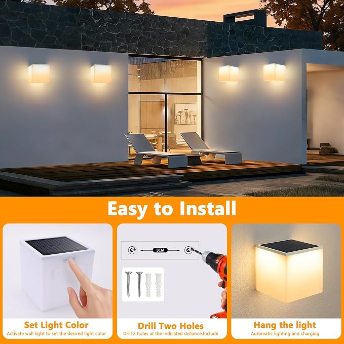 Flacchi Solar Wall Lights 2 Pack - 32 LED Dual-Color (Warm White/Cool White) Solar Cube Light Outdoor Wall/Table Lamp Waterproof Solar Powered Lighting for Patio Garden Balcony