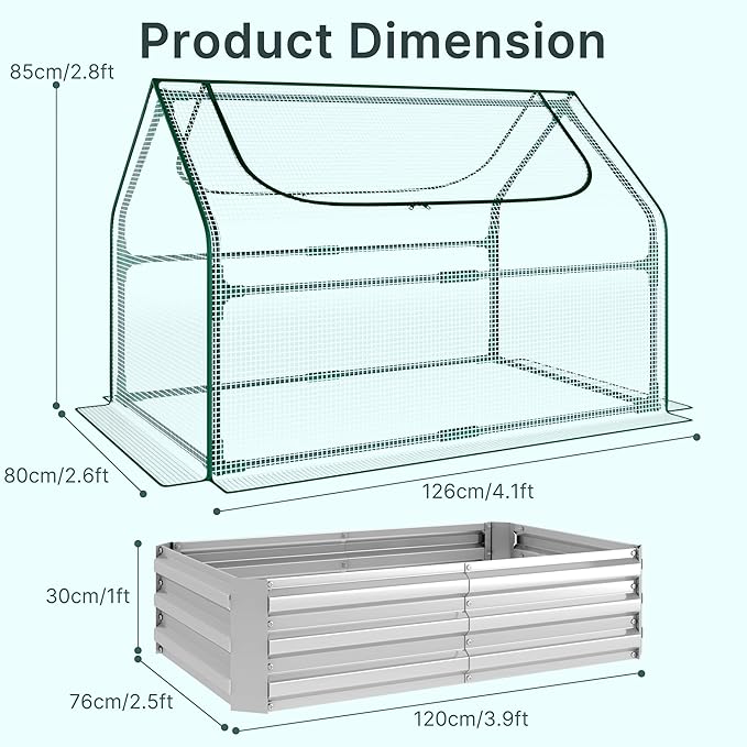 Miory Raised Garden Bed with PE Cover, 4x2.5x1 FT Galvanized Planter Box Outdoor with Mini Greenhouse, 2 Zippered Windows for Vegetables, Flowers, Includes Plant Labels & Gloves