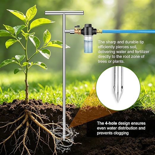 Deep Root Watering Tool for Trees - Stainless Steel Root Feeder with Fertilizer Bottle, Watering Wand Irrigation System with Brass Valve T-Handle for Garden, Orchard & Shrubs Irrigation Growth System