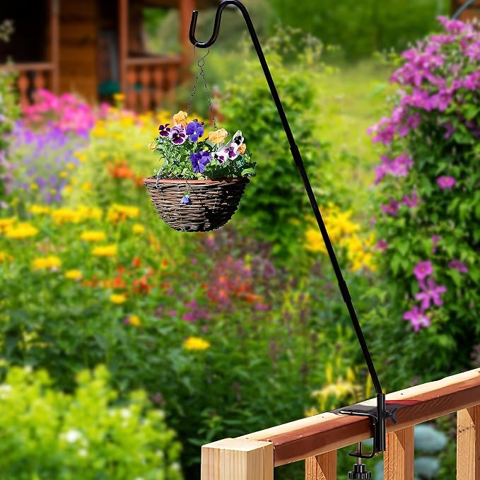 Juegoal Heavy Duty Deck Hook with 2 Inch Non Slip Clamp, 25 or 36 Inch Extended Reach Deck Hook, Adjustable Rail Pole Plant Bracket for Hanging Bird Feeder, Plants, Lanterns, Wind Chimes