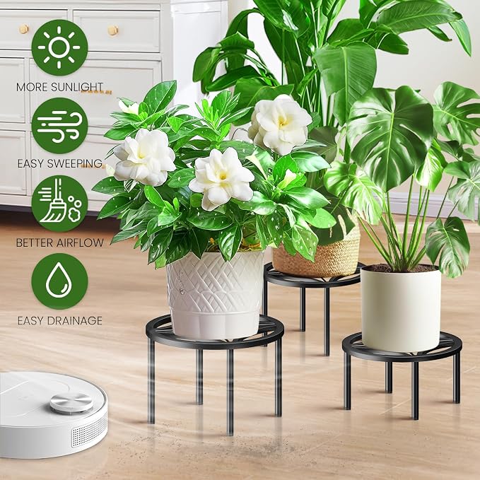 TOSKING 3-Pack Fully Assembled Heavy Duty Low Metal Plant Stand for Indoor & Outdoor – Original Geometric Flower Pot Holder for Heavy Potted Plant, Rustproof Iron Riser with Adjustable Feet, 200 LBS & 150 LBS, No Installation, Black (10.24" & 8.66" Dia)