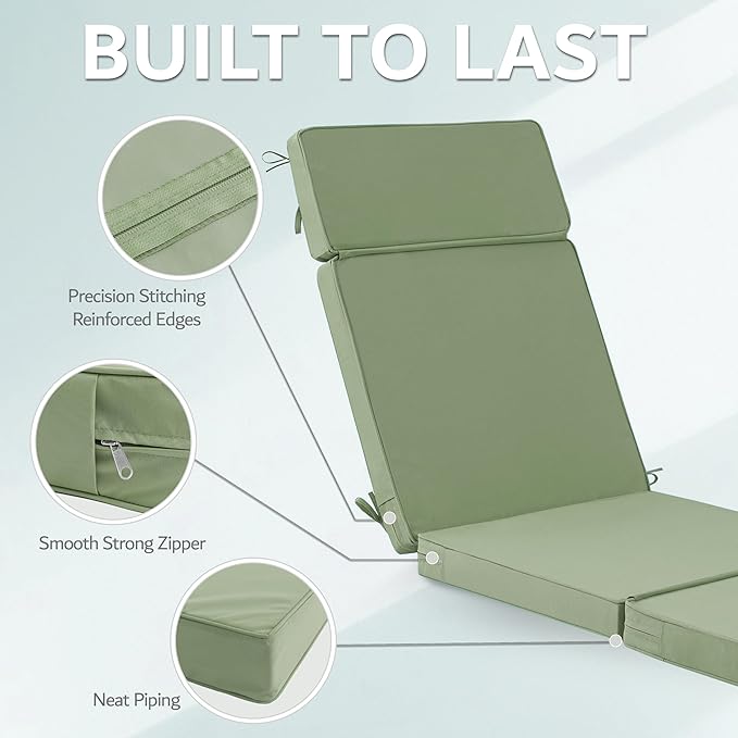 72 x 21 Inch Outdoor Chaise Lounge Cushion - Removable Cover, 4-Section Design, Water-Repellent & Fade-Resistant, 6 Tie Straps, Replacement for Patio & Pool Chairs - Sage Green