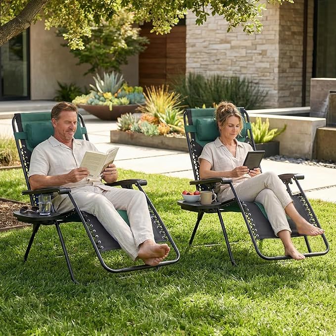 Sweetcrispy Zero Gravity Chairs, Foldable Patio Reclining Chairs with Adjustable Pillow & Cup Holder, Oversized Portable Support 400 lbs, for Backyard Camping(Black-Green)
