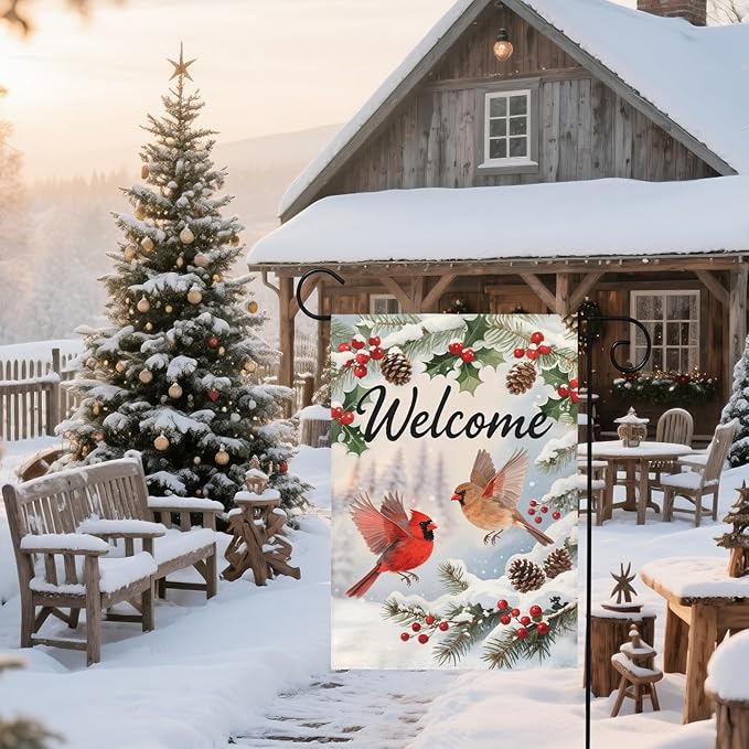 Welcome Winter Garden Flag 12x18 Inch Cardinal Bird Xmas Holiday Seasonal Theme Decorative Yard Flags for Outside Double Sided Outdoor Home Farmhouse Decoration Porch New Year Decor