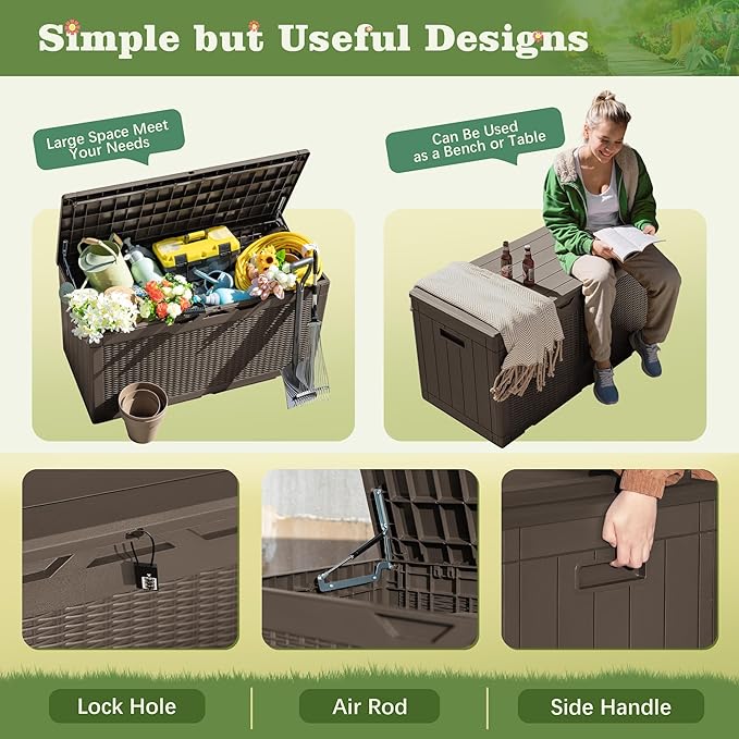 Flamaker Outdoor Storage Box 100 Gallon Waterproof Resin Deck Box Delivery with Air Rod Indoor Outdoor Lockable Storage Bench for Patio Cushions, Tools, Pool Accessories (Deep Brown)