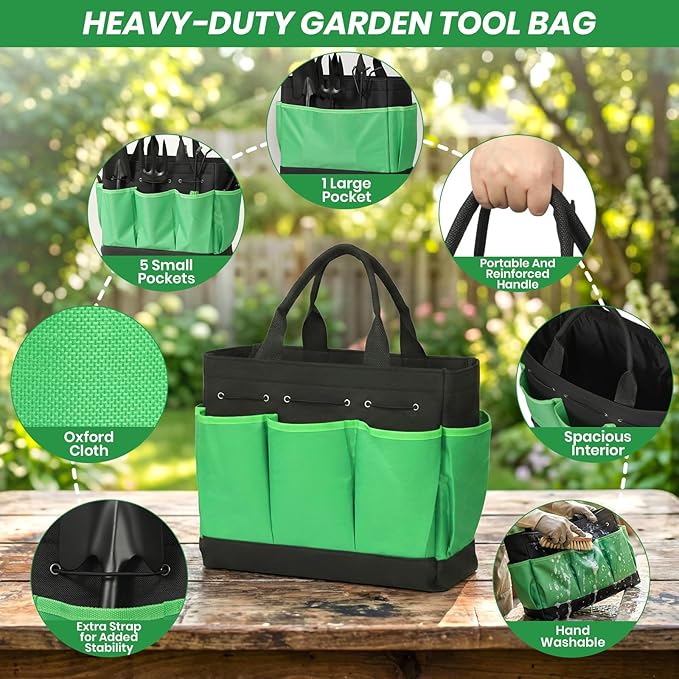 Velway 11-Piece Garden Tools Set Heavy Duty with Ergonomic Handles | Hand Tool Kit with Ergonomic Handles, Rust-Proof, Carry Tote Bag – Gardening Gifts for Women & Men (Green)
