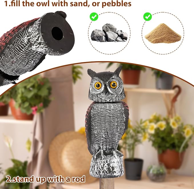 Fake Owl Decoys to Scare Birds Away-15.8 Inch, Rotating Head Sculptures, Nature Enemy Scarecrow Plastic Owl Statues, Bird Control and Pigeon Deterrent Outdoor for Outside, Patio, Yard