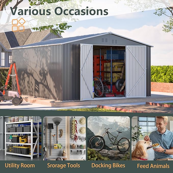 YOPTO 11x13 FT Outdoor Storage Shed,Heavy Duty Metal Shed W/Floor Frame,Garden Shed W/ 4 Air Vents & Sloped Roof,for Backyard,Patio,Lawn,Gray
