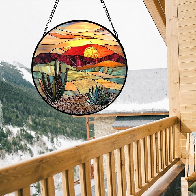 DASTOLL Stained Glass Window Hanging, Golden Landscape Dusk Sunset Suncatcher for Doors Window Home Cactus Sun Catchers Decoration Mother's Day Birthday Gifts for Women, Men, and Mom 6.3 in