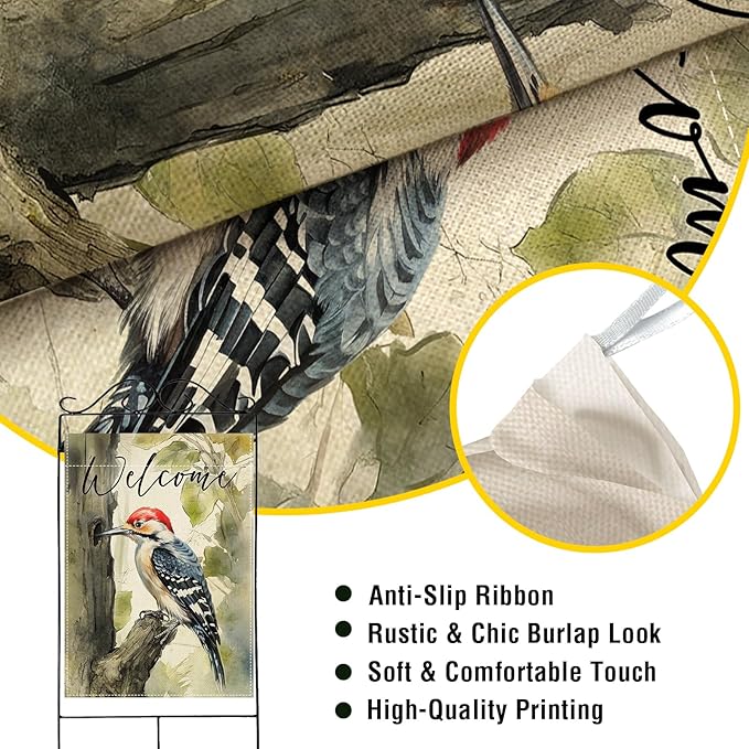 Artofy Welcome Woodpecker Large Decorative House Flag, Spring Summer Watercolor Bird Tree Yard Garden Outside Decor, Seasonal Burlap Outdoor Home Decoration Double Sided 28 x 40