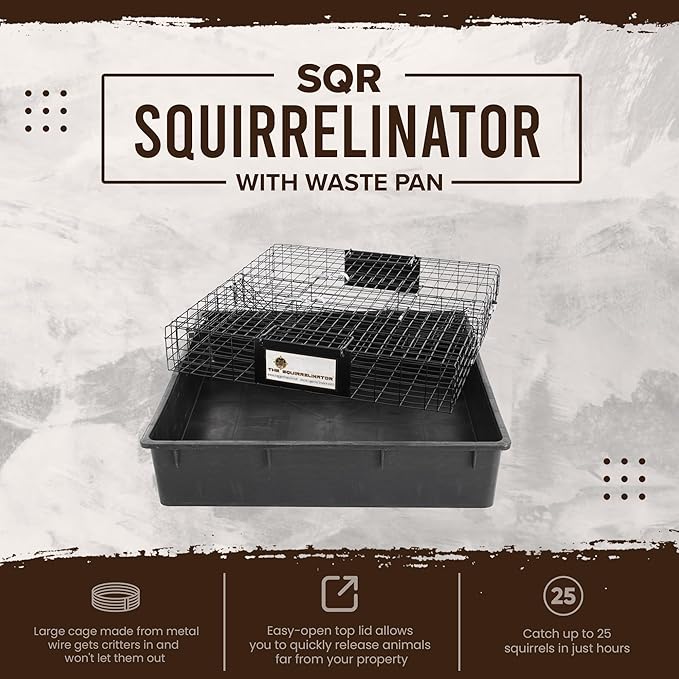 Rugged Ranch Squirrelinator w/ Waste Basin Outdoor Multi-Catch Squirrel Trap - Humane Live Cage Catcher, Rodent Control for Barns, Garages, Sheds, Gardens, Farms, Yards or Lawns