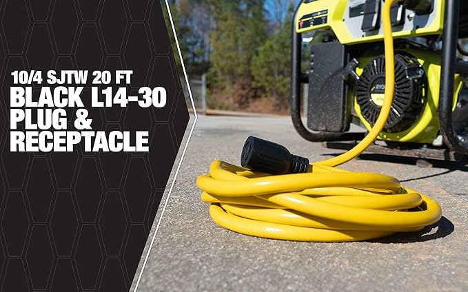 Southwire Generator Cord - 10-Gauge Heavy Duty Electrical Power Cable with L14-30 Locking Plug & Receptacle - Dual Voltage 125V/250V - Molded Connectors - Weather Resistant - Yellow & Black - 20 Feet