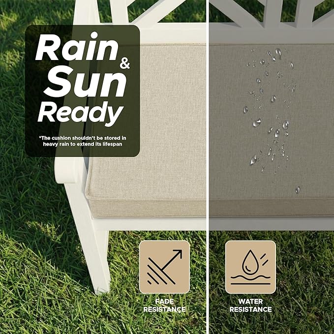 Outdoor Bench Cushion, Water-Resistant & Fade-Resistant, Porch Swing Cushions with Ties, Patio Furniture Seat Pads for Garden Loveseat Settee, Removable Cover Non-Slip Bottom, 45 x 16 Inch, Beige