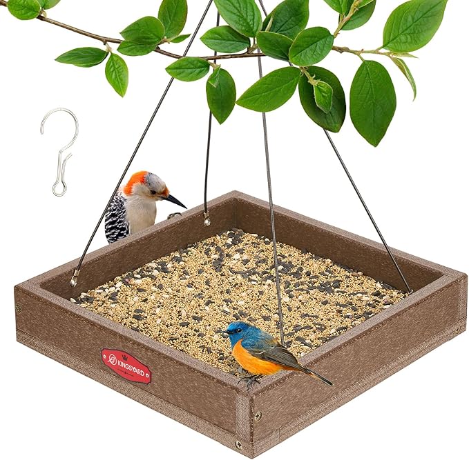 Kingsyard Platform Bird Feeder for Outdoors, Hanging Feeding Tray | Recycled Poly Lumber, Weatherproof, 11x11 Tray, Holds up to 3 lbs Seeds or Mealworms, Easy Clean & Refill, Brown