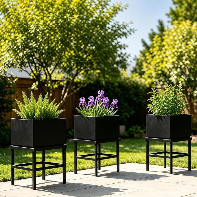 Plant Stand Indoor Outdoor,18 Inch Square Metal Plant Stands Riser,Heavy Duty Wrought Iron Pedestal Holders for Large Flower Pot,Outside Rust-Proof Black Flower Display Shelf for Patio,2-Pack