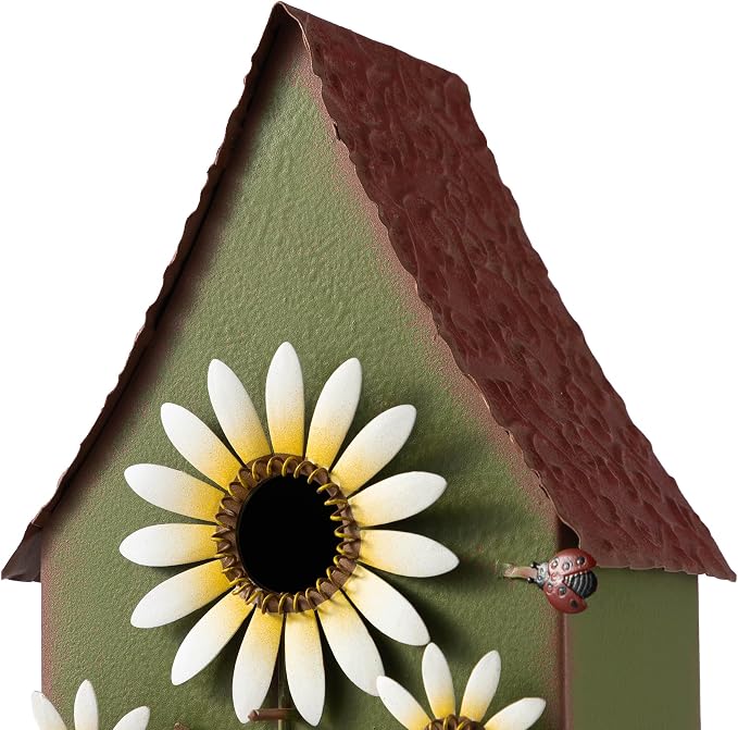 Glitzhome Birdhouses for Outdoors, Bird Houses Stake for Outside, 52.5" H Metal Bird House Decorative Daisy Birdhouse with Stake for Garden Patio Backyard (Green)
