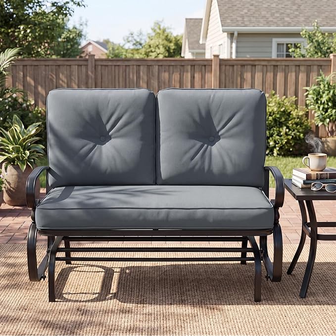 Giantex Outdoor Glider Bench, Patio 2 Person Loveseat with Removable Cushion, Thick Padded Seat, Stable Steel Frame, 400Lbs Capacity, Outside Glider Swing Chair for Deck, Poolside, Yard, Porch (Grey)