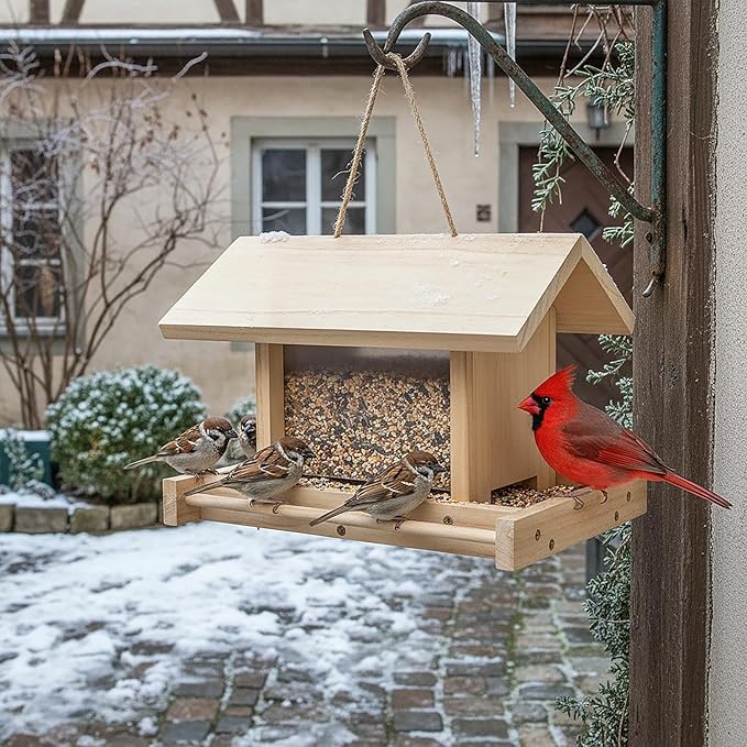 Hanging Wooden Bird Feeder Outdoor Large Capacity Wooden Bird Feeder for Feed Outdoor Garden Wildbirds Wings Robin Sparrow Blue Bird (Light Wood Color, Flat Side Panel)