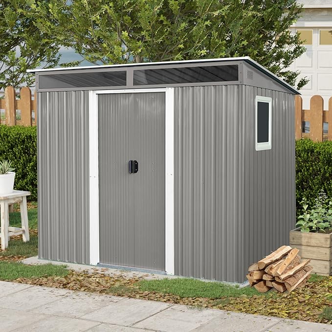 YOPTO 8FT x 6FT Outdoor Metal Storage with Window,Lockable Sliding Doors and Transparent Plate,Waterproof Cabinet w/Ventilation & Foundation,Garden Organizer Tool House for Backyard Patio,Gray